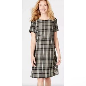 J. Jill Plaid Linen Blend Black White Short Sleeve‎ Midi Dress Size M Academia